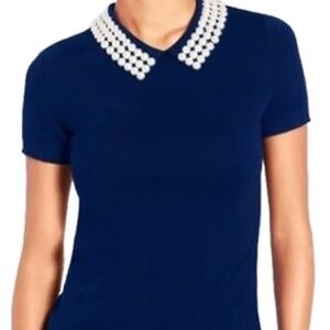Kate Spade Aideen Navy Blue Pearl Collar Knit Top XL